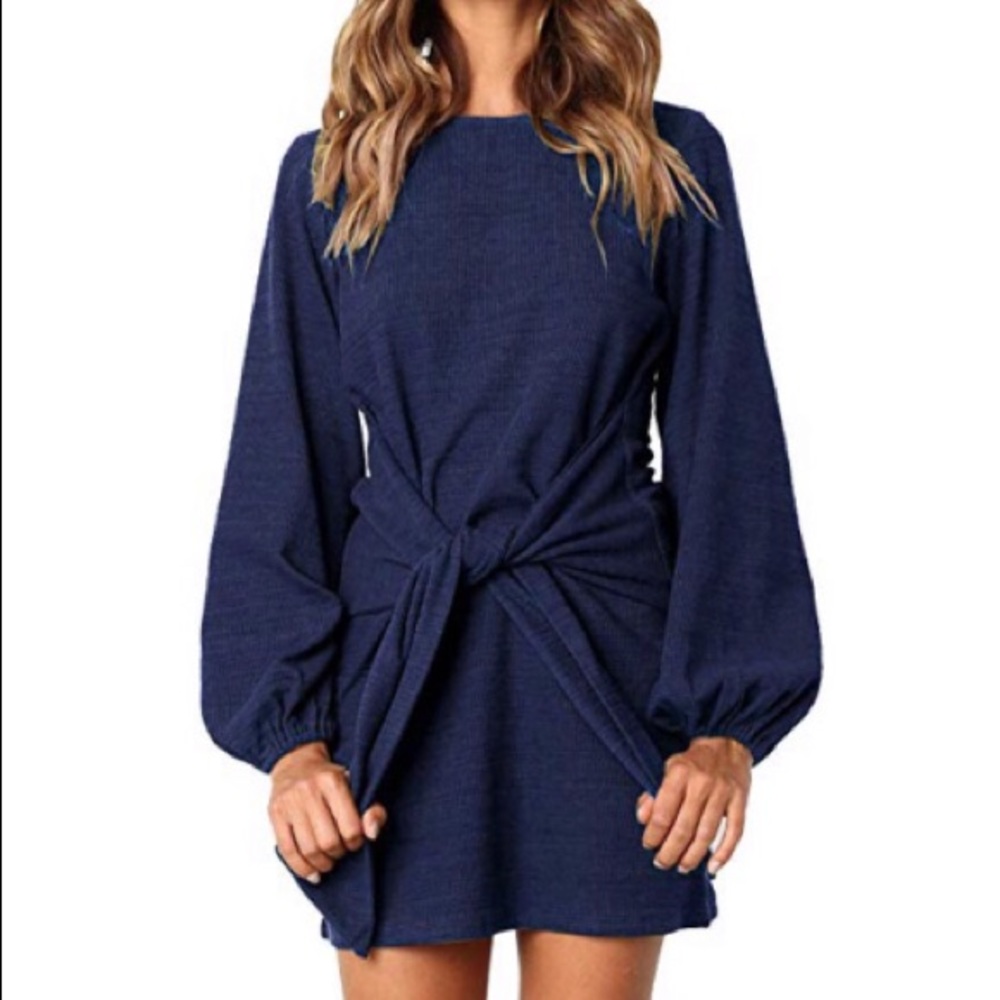 Tied Waist Sweater Dress Navy Blue